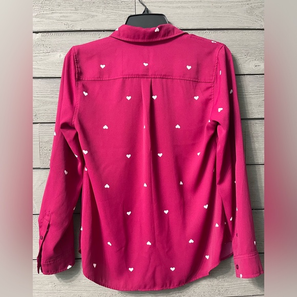 Talbots Fuscia Pink Long Sleeved Button Up Blouse with Whitr Hearts Sz Petite - Picture 7 of 14